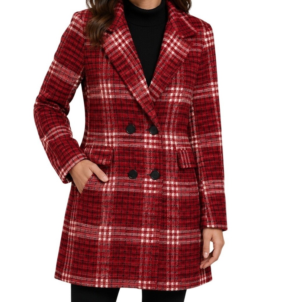 Chartou‎ Red Plaid Double Breasted Pea Coat Women's Small